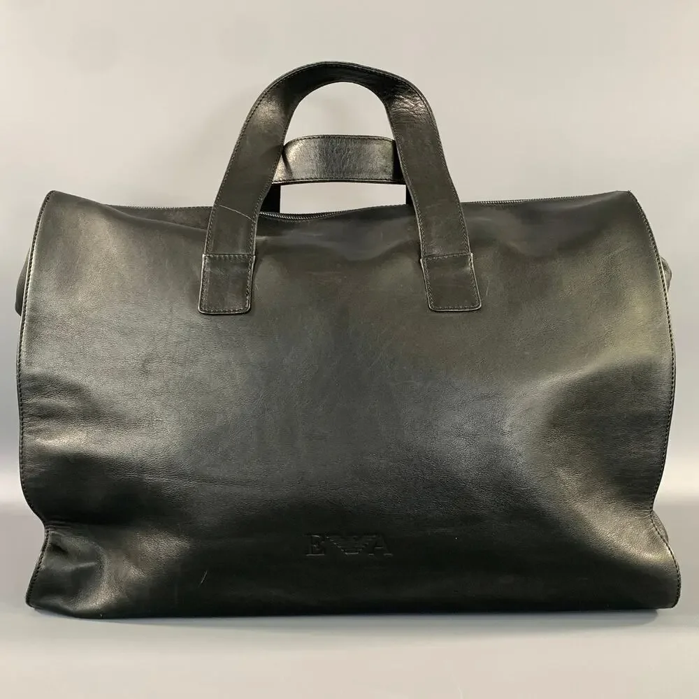 Emporio Armani Black Leather Weekender Bag One Size